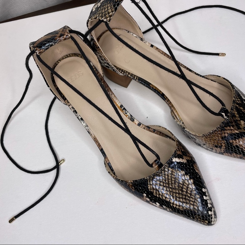 ASOS Pointed Toe Gold + Black Snakeskin Tie Lace Up Flat Dress Casual Shoe